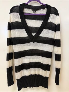 Club Monaco Black and Cream Striped V-Neck Sweater